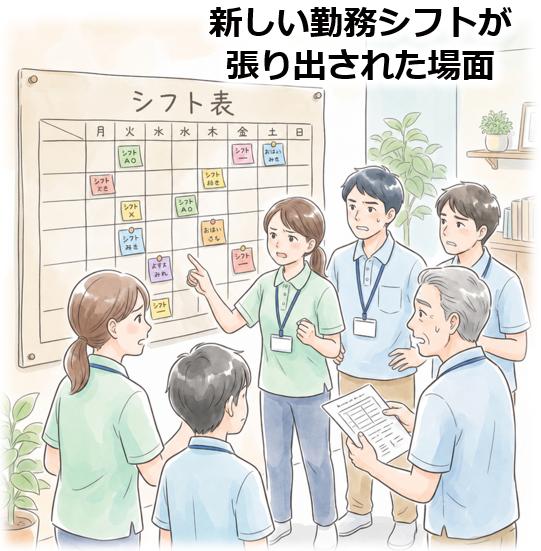 2.公平なプロセス_勤務シフトが張り出された場面
